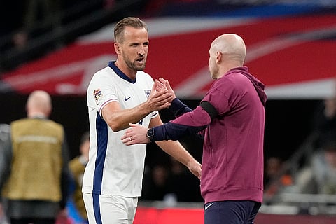 UEFA Nations League, England vs Finland: England's Harry Kane, left, is congratulated by England interim manager Lee Carsley